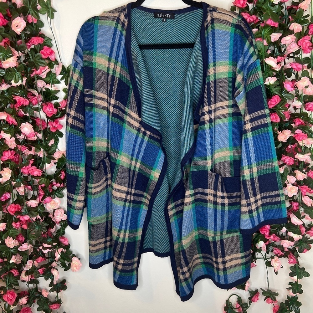 Elliatt Blue Plaid Open Front Wool Blend Cardigan Women’s Small Business 🌹